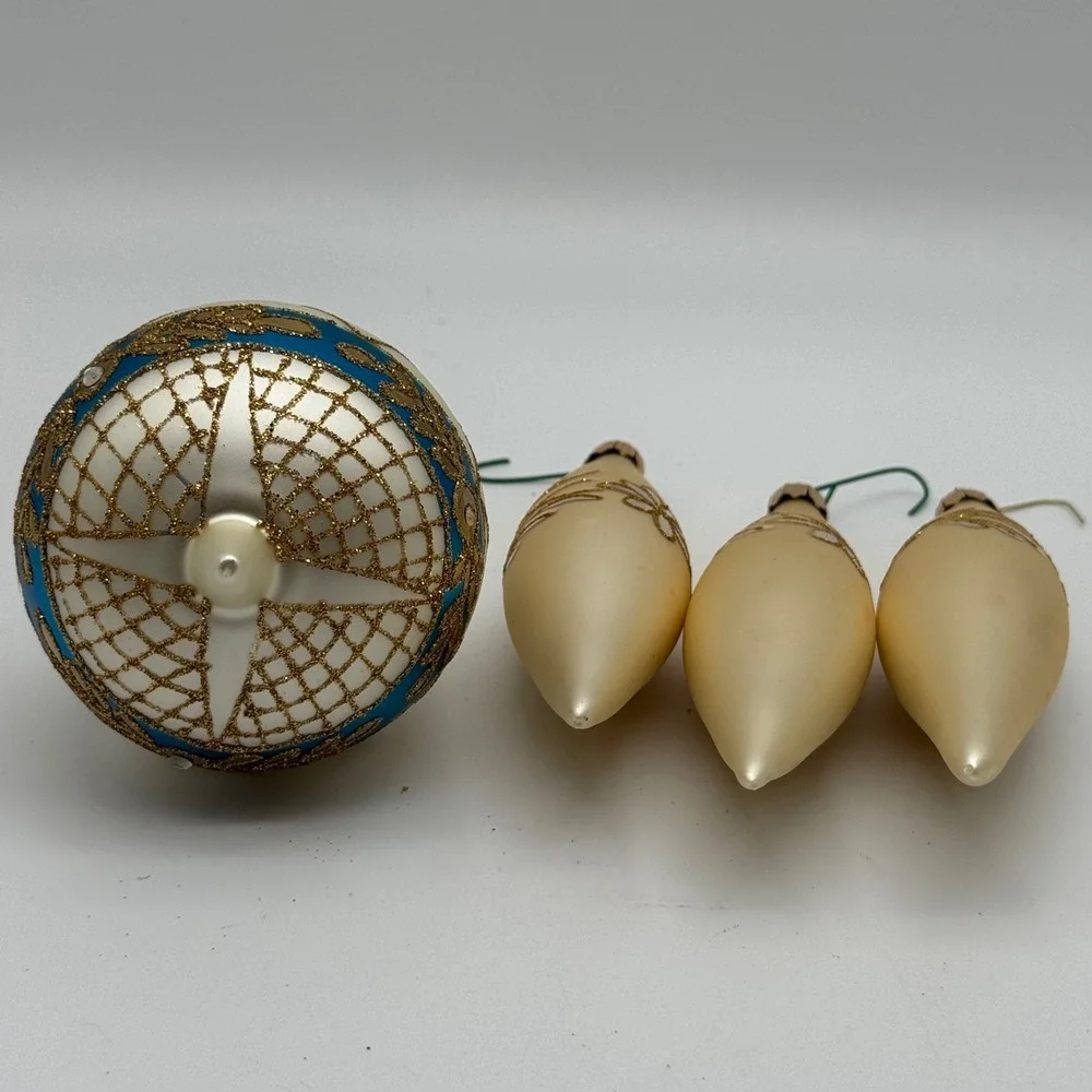 Vintage Glass Christmas Ornaments Lot 4 Cream Gold Lattice Teardrop Torpedo 6